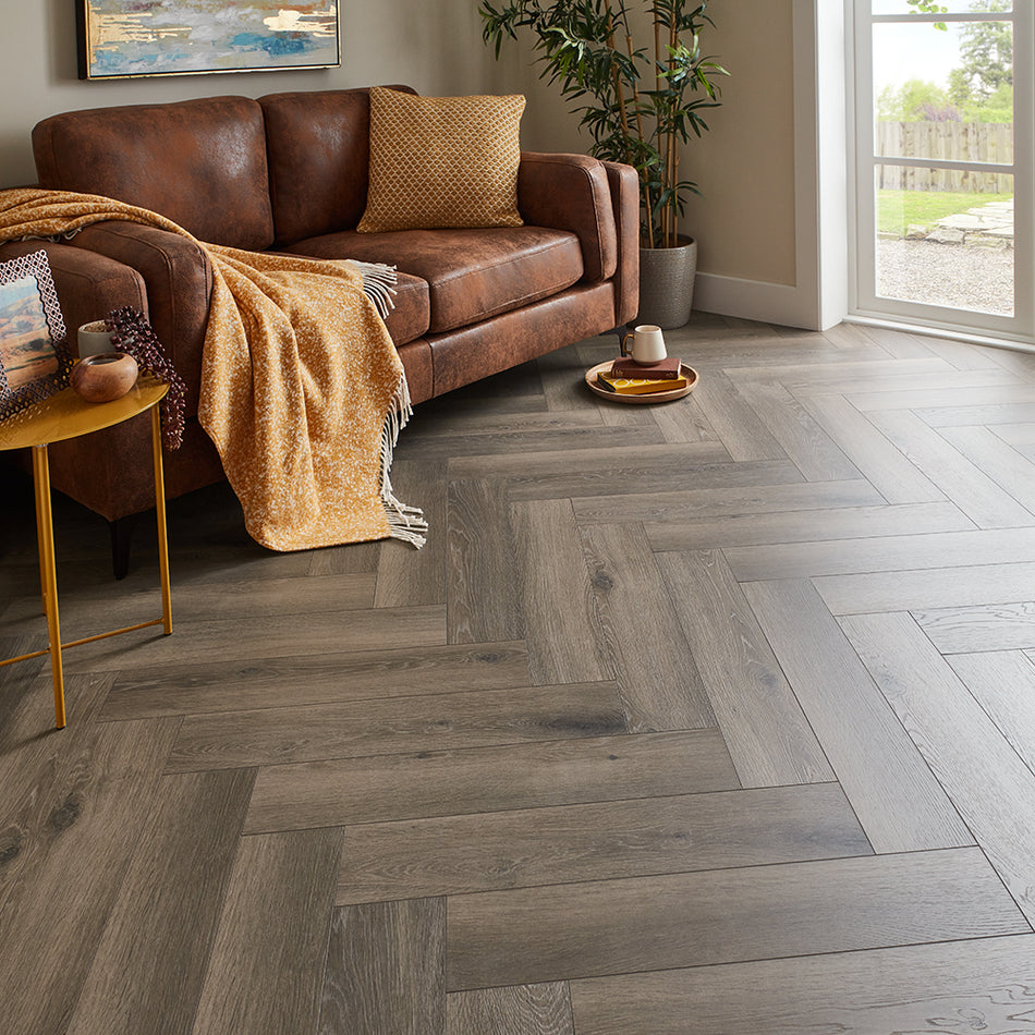 Kronotex Grasmere Herringbone 8mm Laminate Flooring - Dark Oak