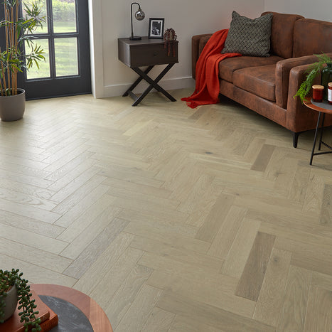 Nordic Herringbone 12mm Engineered Wood Flooring - Brushed White Washed Lacquer