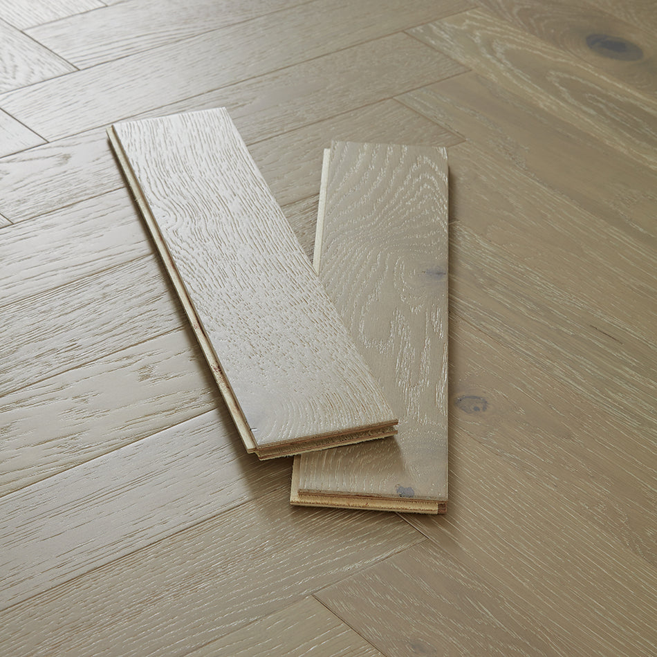 Nordic Herringbone 12mm Engineered Wood Flooring - Brushed White Washed Lacquer