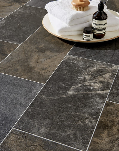 Gable 2.3m Cushioned Roll Vinyl Flooring  - Dark Cobble Tile