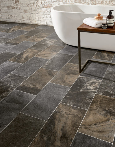 Gable 2.3m Cushioned Roll Vinyl Flooring  - Dark Cobble Tile