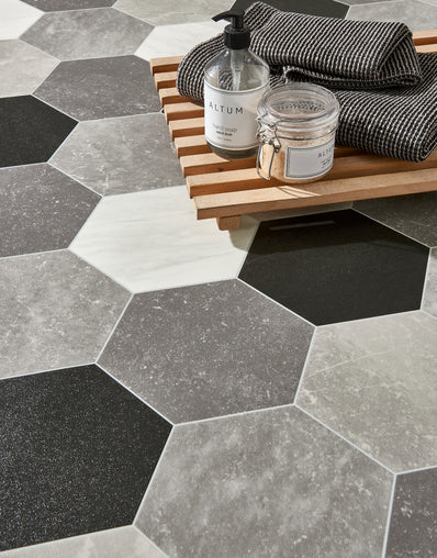 Gable 2.3m Cushioned Roll Vinyl Flooring  - Mood Hex Tile