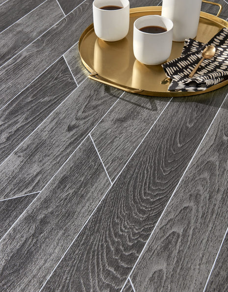 Gable 2.3m Cushioned Roll Vinyl Flooring  - Espresso Staggered Oak
