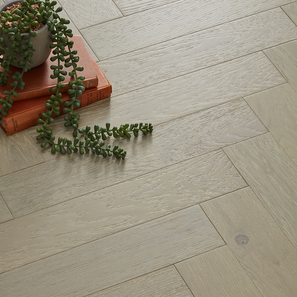 Nordic Herringbone 12mm Engineered Wood Flooring - Brushed White Washed Lacquer
